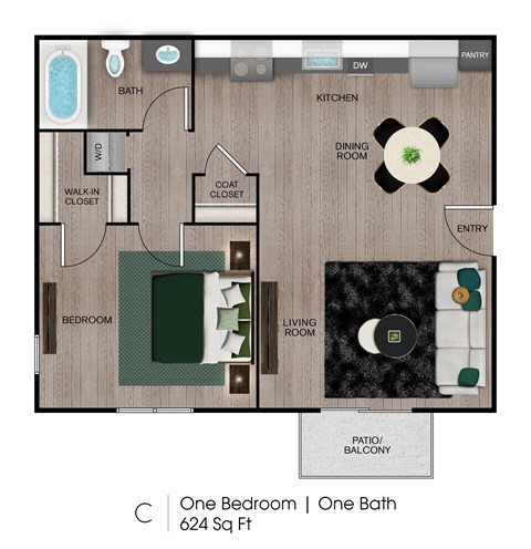 Floor plan for 1 bed, 1 bath, 624 sqft